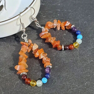 Artisan Red Agate 7 Chakras Yoga Om Mindful Gemstone Beads Teardrop Earrings